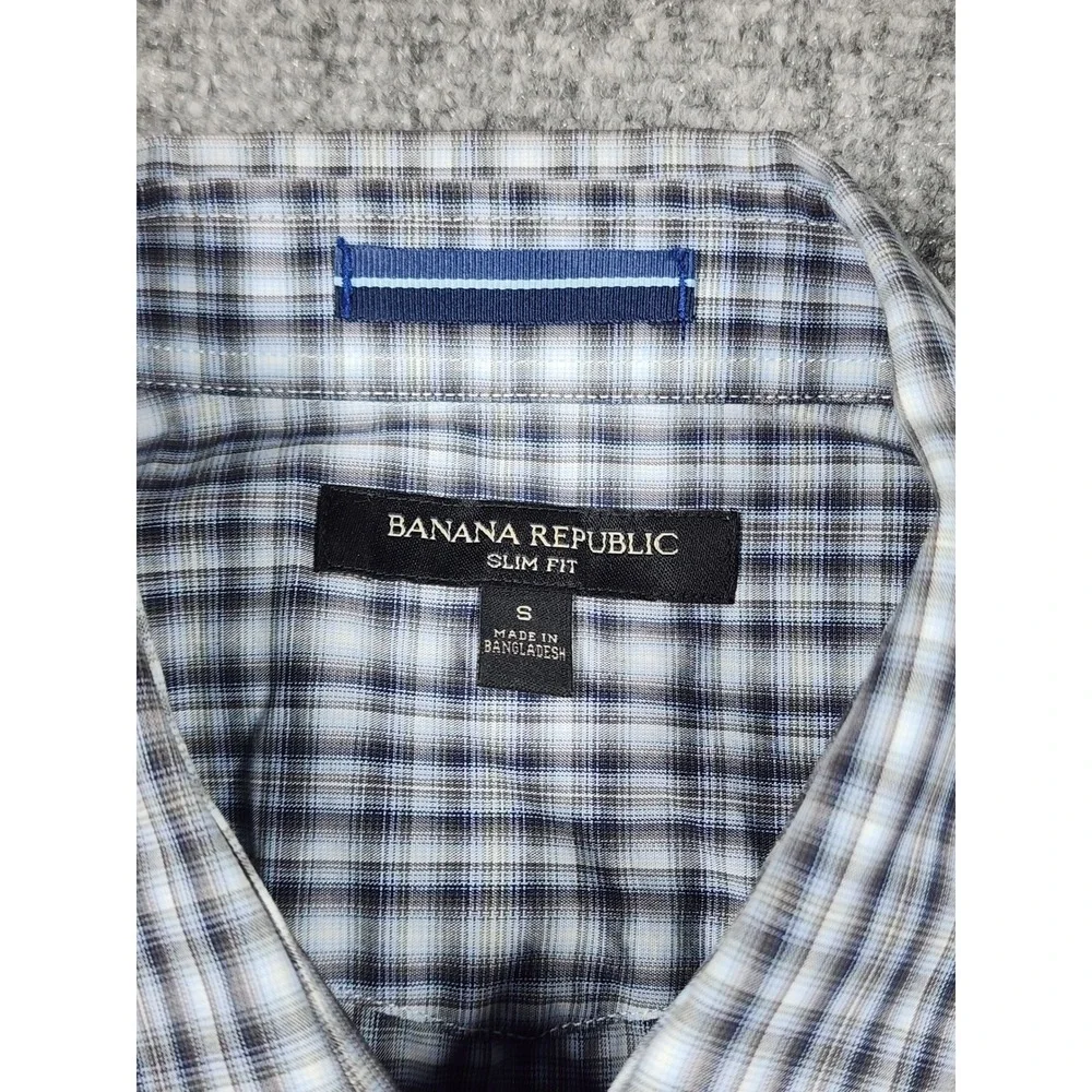 Banana Republic Mens Slim Fit Western Plaid Snap Button Shirt Blue White Small